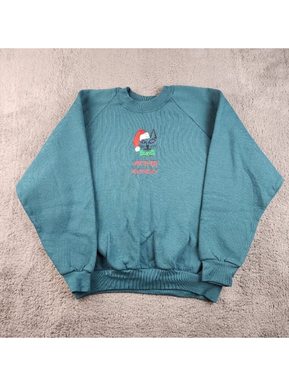 VTG Holiday Christmas Crewneck Extra Large Embroidered Cat Kitten Santa Sweater‎